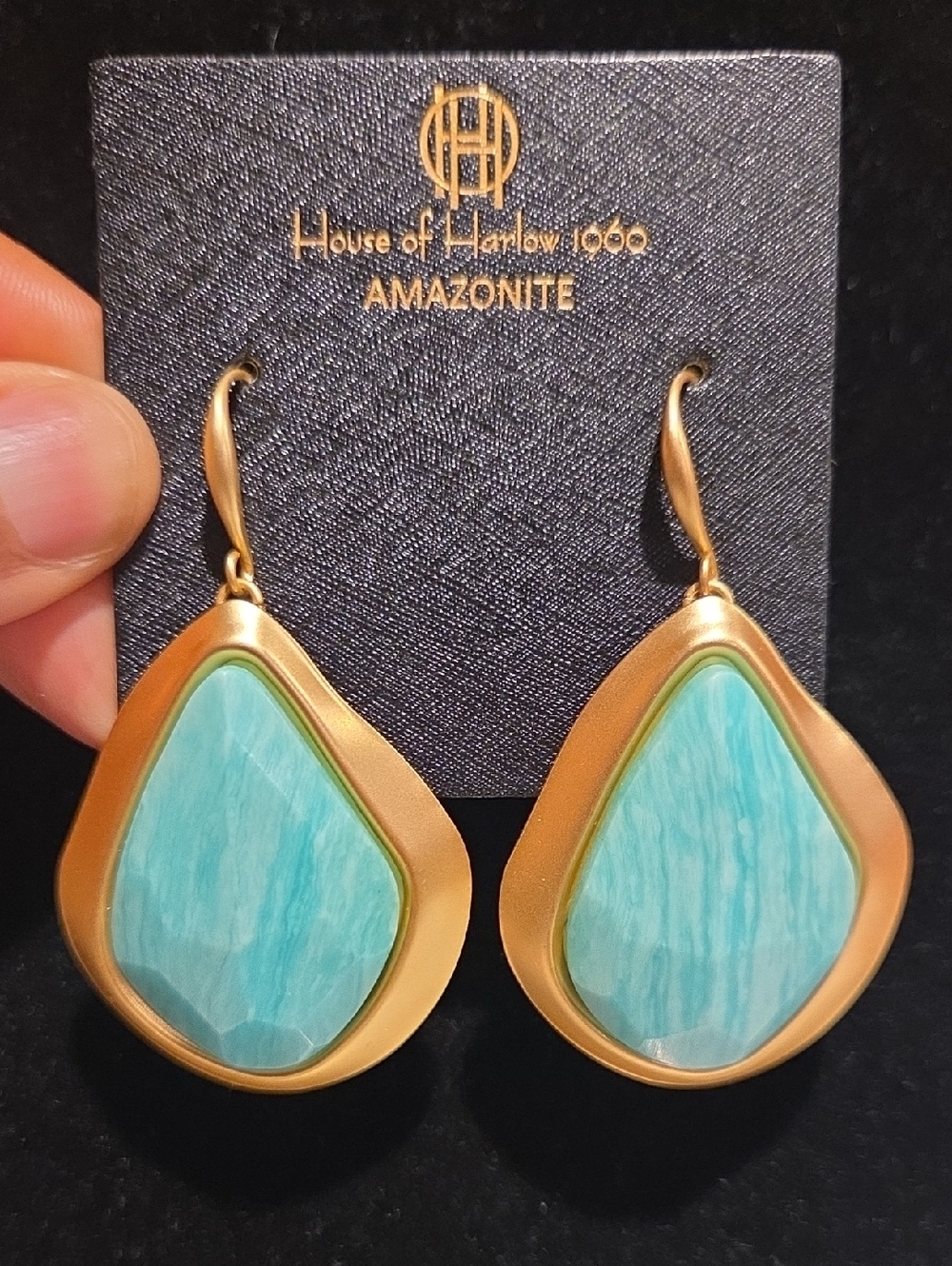 House of Harlow 1960 Gold Drop Earrings with Aqua Amazonite Teardrops